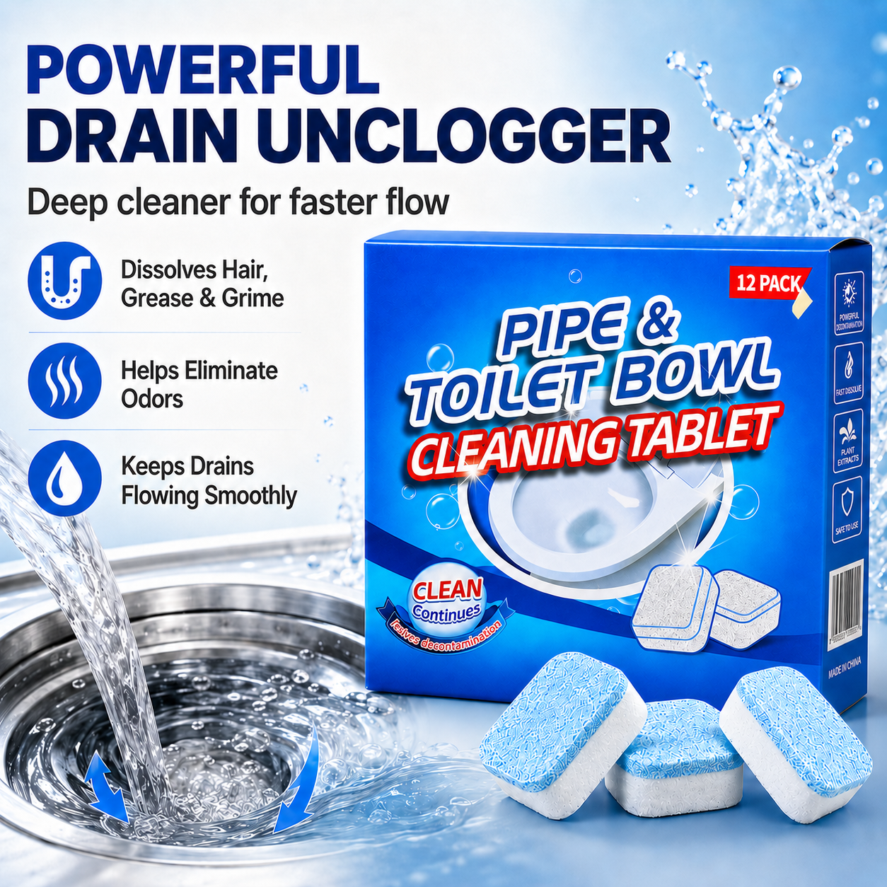💥Drain Cleaning Tablets 12 Pack For Sinks, Showers & Washing Machines