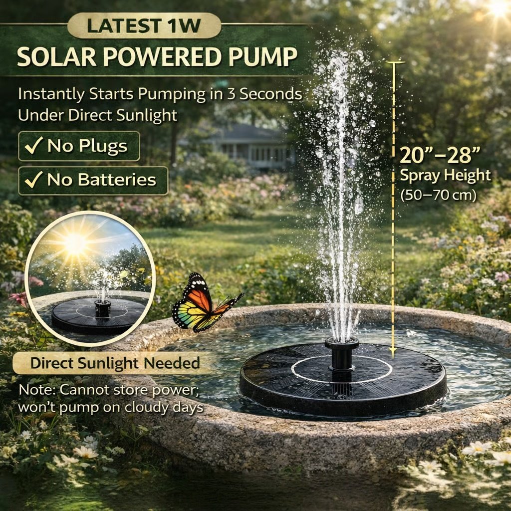 Ends Today: 50% OFF!  Solar‐Powered Birdbath Fountain – 1W Pump with Adjustable Spray & Retainer