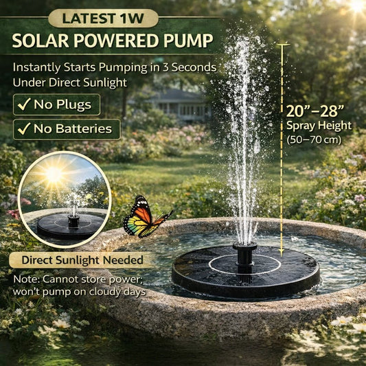 Ends Today: 50% OFF!  Solar‐Powered Birdbath Fountain – 1W Pump with Adjustable Spray & Retainer