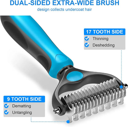 ✨ Pet Grooming Brush-Double Sided Hurtless Shedding and Dematting Undercoat Rake Comb for Dogs and Cats, No More Nasty Shedding or Flying Hair