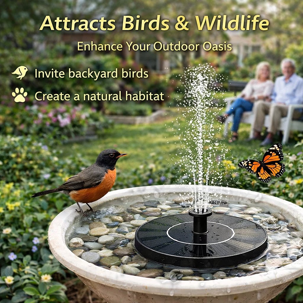 Ends Today: 50% OFF!  Solar‐Powered Birdbath Fountain – 1W Pump with Adjustable Spray & Retainer