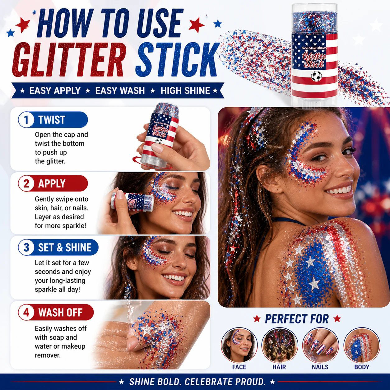 🦅4th of July Glitter Stick✨🔔Red, White & Blue Body & Hair Sparkle🔔