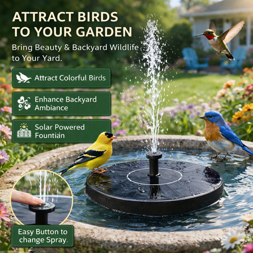 Ends Today: 50% OFF!  Solar‐Powered Birdbath Fountain – 1W Pump with Adjustable Spray & Retainer