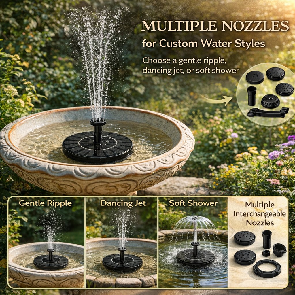 Ends Today: 50% OFF!  Solar‐Powered Birdbath Fountain – 1W Pump with Adjustable Spray & Retainer
