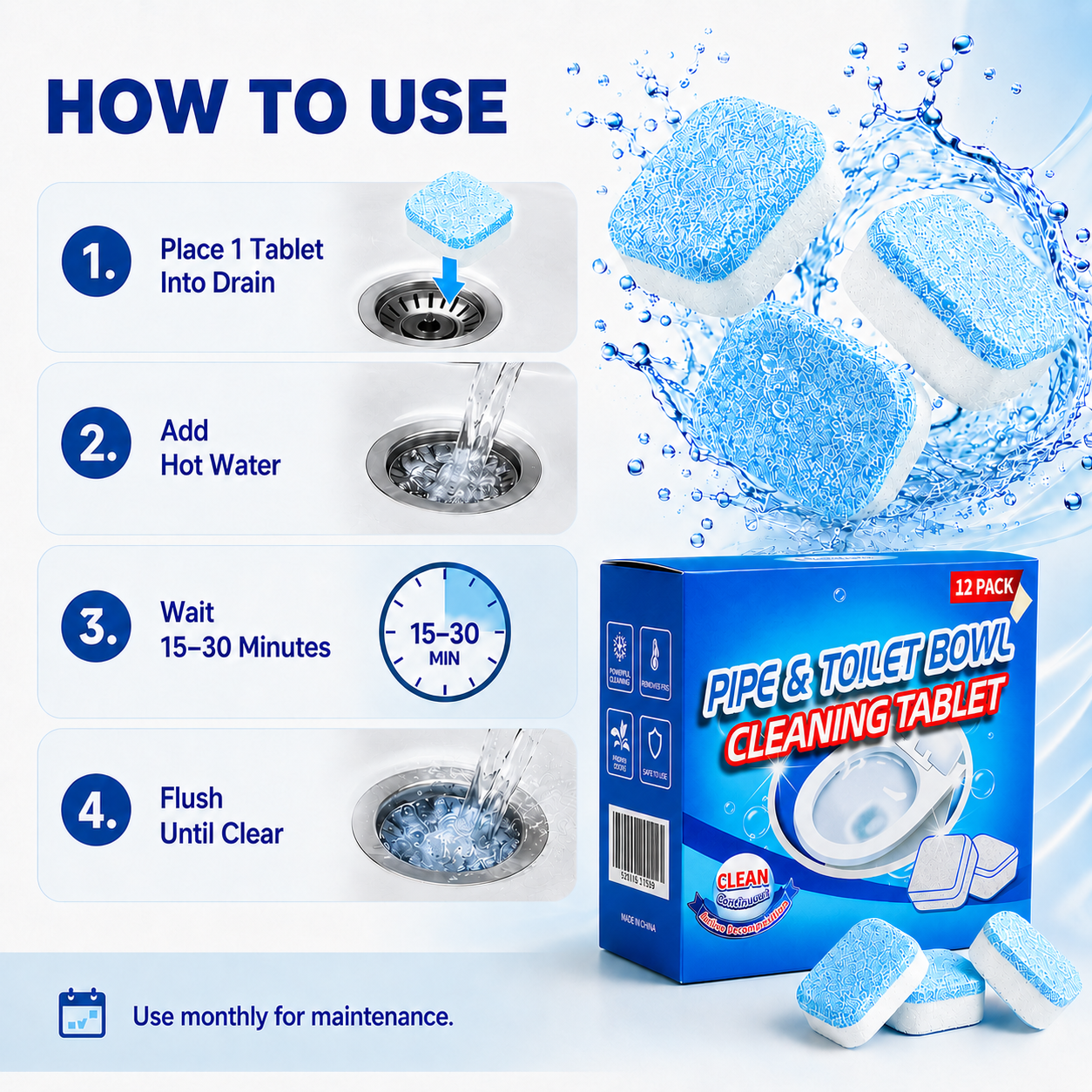 💥Drain Cleaning Tablets 12 Pack For Sinks, Showers & Washing Machines