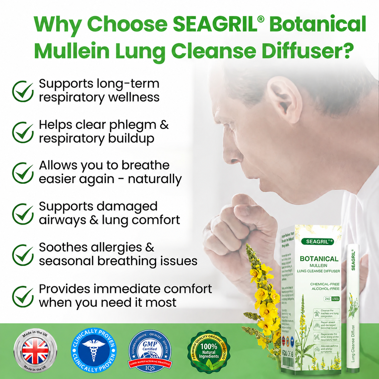 ❣️✅UK Owned and Operated|SEAGRIL® Botanical Mullein Lung Cleanse Diffuser (💝 Cough, wheezing, shortness of breath, sputum, stuffy nose, bronchitis, bronchitis, allergy symptoms, lung discomfort💝)