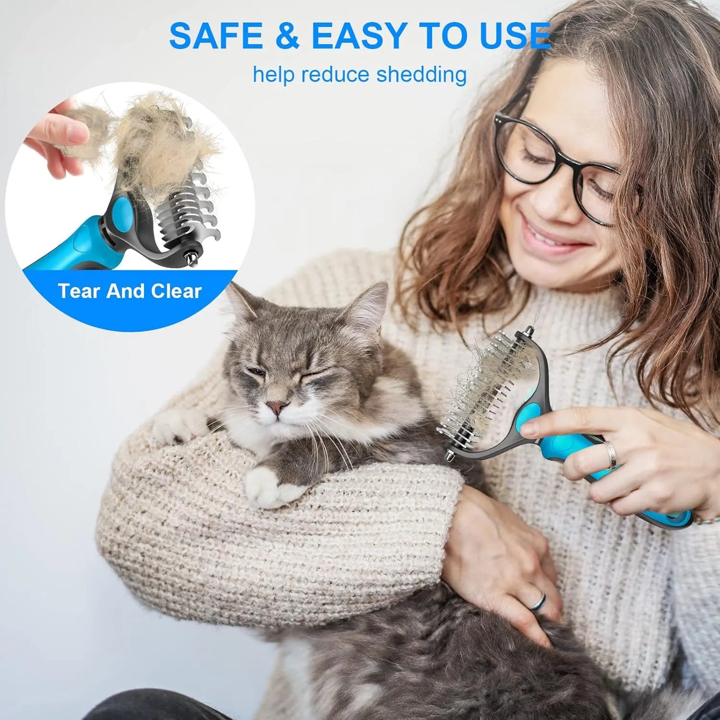 ✨ Pet Grooming Brush-Double Sided Hurtless Shedding and Dematting Undercoat Rake Comb for Dogs and Cats, No More Nasty Shedding or Flying Hair