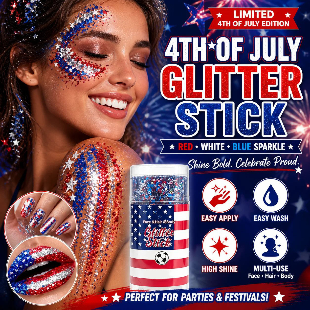 🦅4th of July Glitter Stick✨🔔Red, White & Blue Body & Hair Sparkle🔔