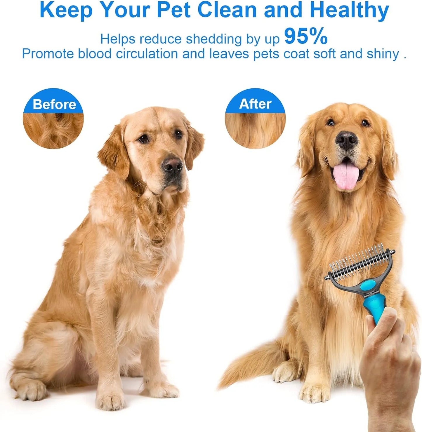 ✨ Pet Grooming Brush-Double Sided Hurtless Shedding and Dematting Undercoat Rake Comb for Dogs and Cats, No More Nasty Shedding or Flying Hair